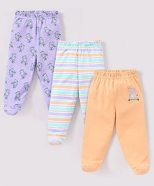 Babyhug Cotton Knit Bootie Leggings Hippo On Skates Print Pack of 3 - Aqua Purple & Orange