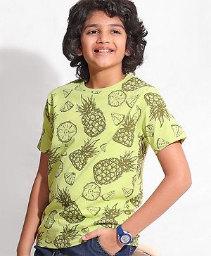 Pine Kids 100% Cotton Half Sleeves Biowashed T-Shirt Pineapple Print - Green