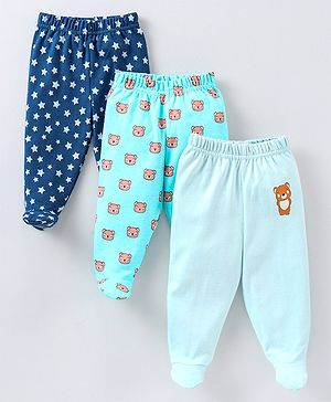 Babyhug Cotton Knit Footed Length Bootie Leggings Striped & Teddy Print Pack of 3 - Multicolour