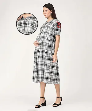 The Mom Store Three Fourth Sleeves Monochrome Vivid Checkered Maternity And Nursing Dress With Embroidery - Multi Colour