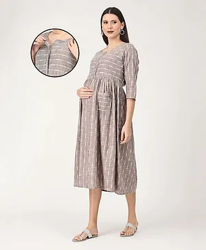 The Mom Store Three Fourth Sleeves Striped Pattern Printed Maternity And Nursing Dress - Brown