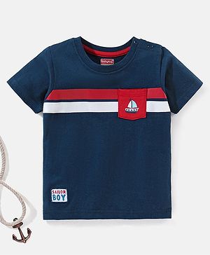 Babyhug Cotton Knit Half Sleeves T-Shirt Yatch Print - Navy Blue