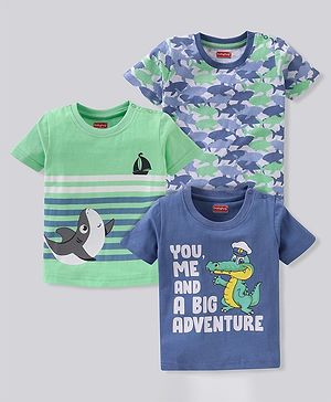 Babyhug Cotton Half Sleeves T-Shirt Stripes & Shark Print Pack of 3 - Blue Green