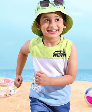 Babyhug Cotton Sleeveless Cut & Sew T-Shirt Surf Sand Sea Printed - Blue & White