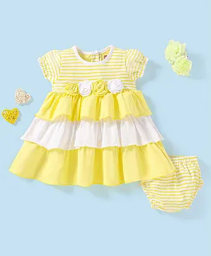 Babyhug 100% Cotton Puffed Sleeves Layered Striped Frock with Bloomer Rose Corsage - Yellow