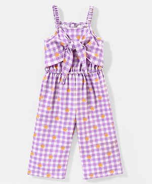 Babyhug 100% Cotton Sleeveless Jumpsuit Checks & Floral Print - Purple