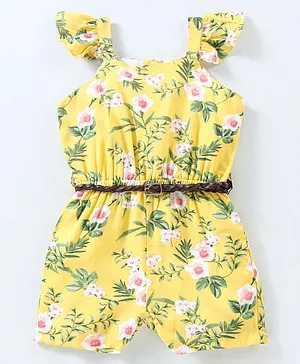 Babyhug 100% Cotton Knit Sleeveless Jumpsuit Floral Print - Yellow