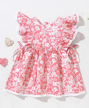 Babyhug Rayon Lurex Short Sleeves Frock Floral Print With Lace Detailings  - Pink