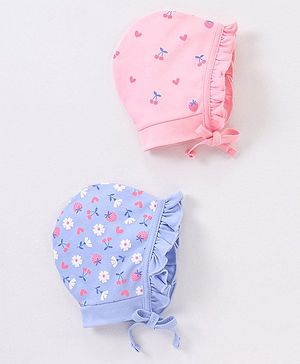 Babyhug Cotton Caps Floral Print Pack of 2 - Blue & Pink