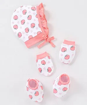 Babyhug 100% Cotton Cap Mitten Booties Set Peach Print - Peach