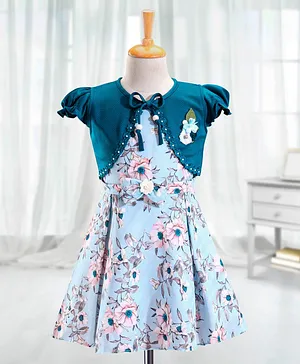 Enfance Sleeveless  Floral Printed Dress With Short Sleeves Shrug - Blue