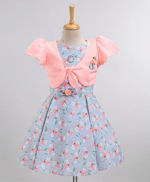 Enfance Sleeveless  Floral Printed Dress With Short Sleeves Shrug - Peach
