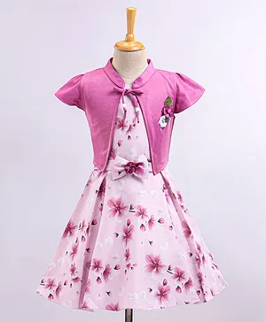Enfance Sleveeless  Floral Printed Dress With Short Sleeves Floral Applique Detail Shrug - Dark Pink