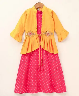 Enfance Three Fourth Sleeves Bead Work Embellished Pleated Shrug With Seamless Motif Printed Flared Dress - Yellow & Pink