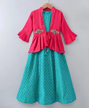 Enfance Three Fourth Sleeves Bead Work Embellished Pleated Shrug With Seamless Motif Printed Flared Dress - Blue & Pink