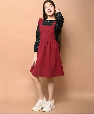 Lilpicks Couture Puffed Full Sleeves Cubic Printed Tee With Solid Fit & Flare Dungaree Style Dress - Black & Maroon