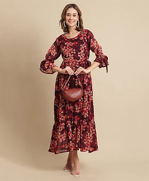 Moms Maternity Three Fourth Sleeves All Over Floral Printed Maternity & Nursing Midi Dress - Purple & Red