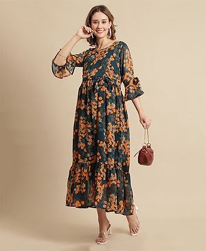 Moms Maternity Three Fourth Sleeves All Over Floral Printed Maternity & Nursing Midi Dress - Green