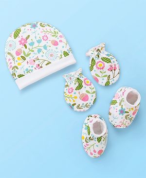 Babyhug 100% Cotton Cap Mitten & Booties Floral Print White- Diameter 9.5 cm