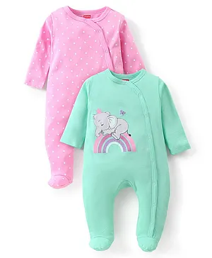 Babyhug Cotton Knit  Full Sleeves Elephant & Polka Dots Printed Footed Sleepsuits Pack of 2 - Green & Pink