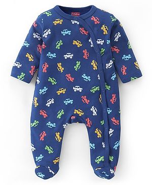 Babyhug Cotton Full Sleeves Footed Sleepsuit Car Print - Navy Blue
