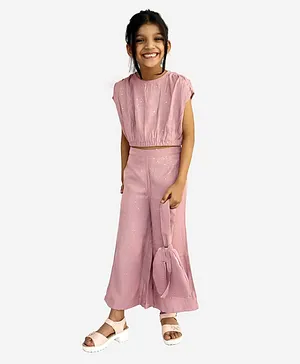 Tic Tac Toe Short Sleeves Frill Detailed Crop Top With Coordinating Palazzo & Wrist Bag - Pink