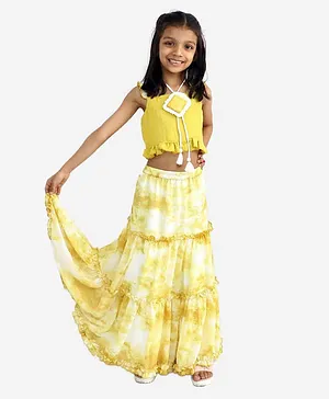 Tic Tac Toe Sleeveless Frilled Bottom Top With Tie Dyed Skirt & Necklace - Mustard Yellow