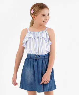 Ollington St Woven Full Sleeves Striped Top and Elasticated Knee Length Denim Pleated Skorts with Self Fabric Belt- White & Indigo