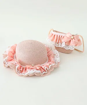 Babyhug Lace & Ribbon Bow Applique Straw Hats With Purse  Pink - Diameter 17.5 cm