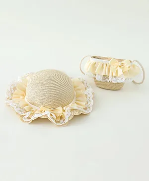 Babyhug Lace & Ribbon Bow Applique Straw Hats With Purse  Beige - Diameter 17.5 cm