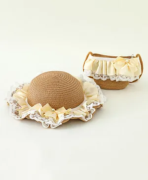 Babyhug Lace & Ribbon Bow Applique Straw Hats With Purse  Brown - Diameter 17.5 cm