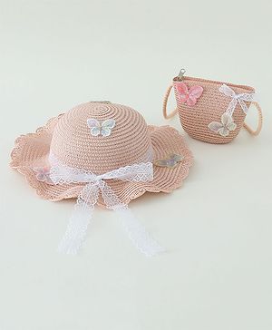 Babyhug Butterfly Applique Straw Hat With  Bow & Purse  Pink - Diameter 17.5 cm