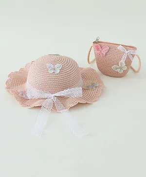 Babyhug Butterfly Applique Straw Hat With  Bow & Purse  Pink - Diameter 17.5 cm
