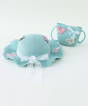 Babyhug Butterfly Applique Straw Hat With  Bow & Purse  Blue - Diameter 17.5 cm