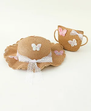 Babyhug Butterfly Applique Straw Hat With  Bow & Purse  Brown - Diameter 17.5 cm