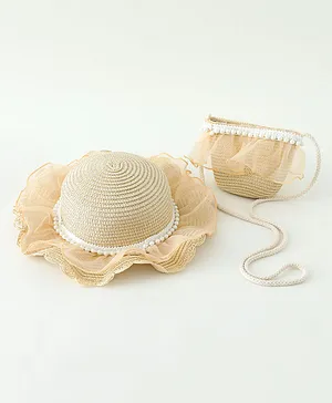 Babyhug Pearl Applique Straw Hat With Purse  Beige - Diameter 17.5 cm