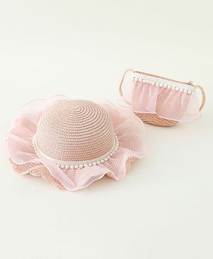 Babyhug Pearl Applique Straw Hat With Purse  Pink - Diameter 17.5 cm