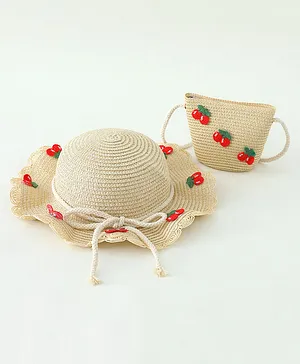 Babyhug Crochet Cherry Applique Straw Hat With String Bow & Purse Beige - Diameter 17.5 cm