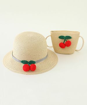 Babyhug Straw Hat With Crochet  Fruit Applique & Purse  Beige - Diameter 17.5 cm