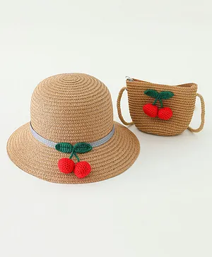 Babyhug Straw Hat With Crochet  Fruit Applique & Purse Brown - Diameter 17.5 cm