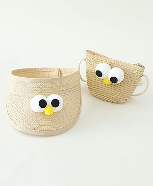 Babyhug Straw Hat With Face Applique & Purse Beige- Diameter 48 cm