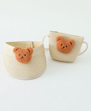 Babyhug Straw Hat With Bear Applique & Purse Beige - Diameter 48 cm