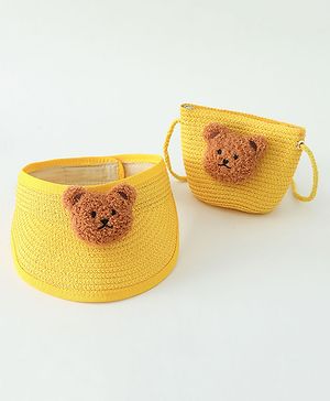 Babyhug Straw Hat With Bear Applique & Purse  Yellow - Diameter 48 cm