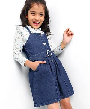Ollington St. Full Sleeves Floral Printed Top & Stretchable Denim Pinafore With Belt- White Blue