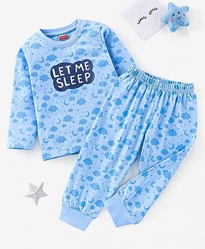 Babyhug Cotton Knit Full Sleeves Night Suit Clouds Print - Blue
