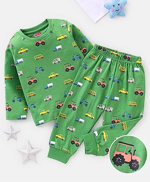 Babyhug Cotton Full Sleeves Night Suit Cars Print- Green