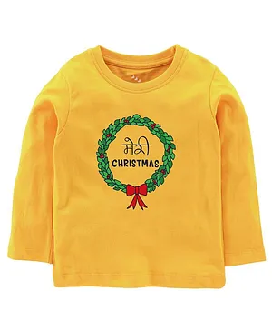 Zeezeezoo Full Sleeves Christmas Theme Meri Christmas Printed T Shirt - Yellow
