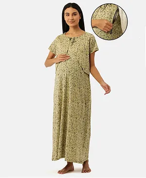 Nejo 100% Cotton Half Sleeves Floral Printed Concealed Zipper Detail Maternity  Night Dress - Olive Green
