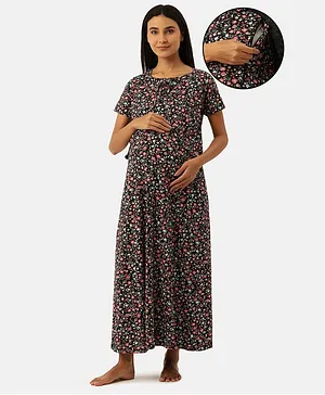 Nejo 100% Cotton Half Sleeves Floral Printed Concealed Zipper Detail Maternity  Night Dress - Navy Blue