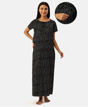 Nejo 100% Cotton Half Sleeves Dots Printed Concealed Zipper Detail Maternity  Night Dress - Black